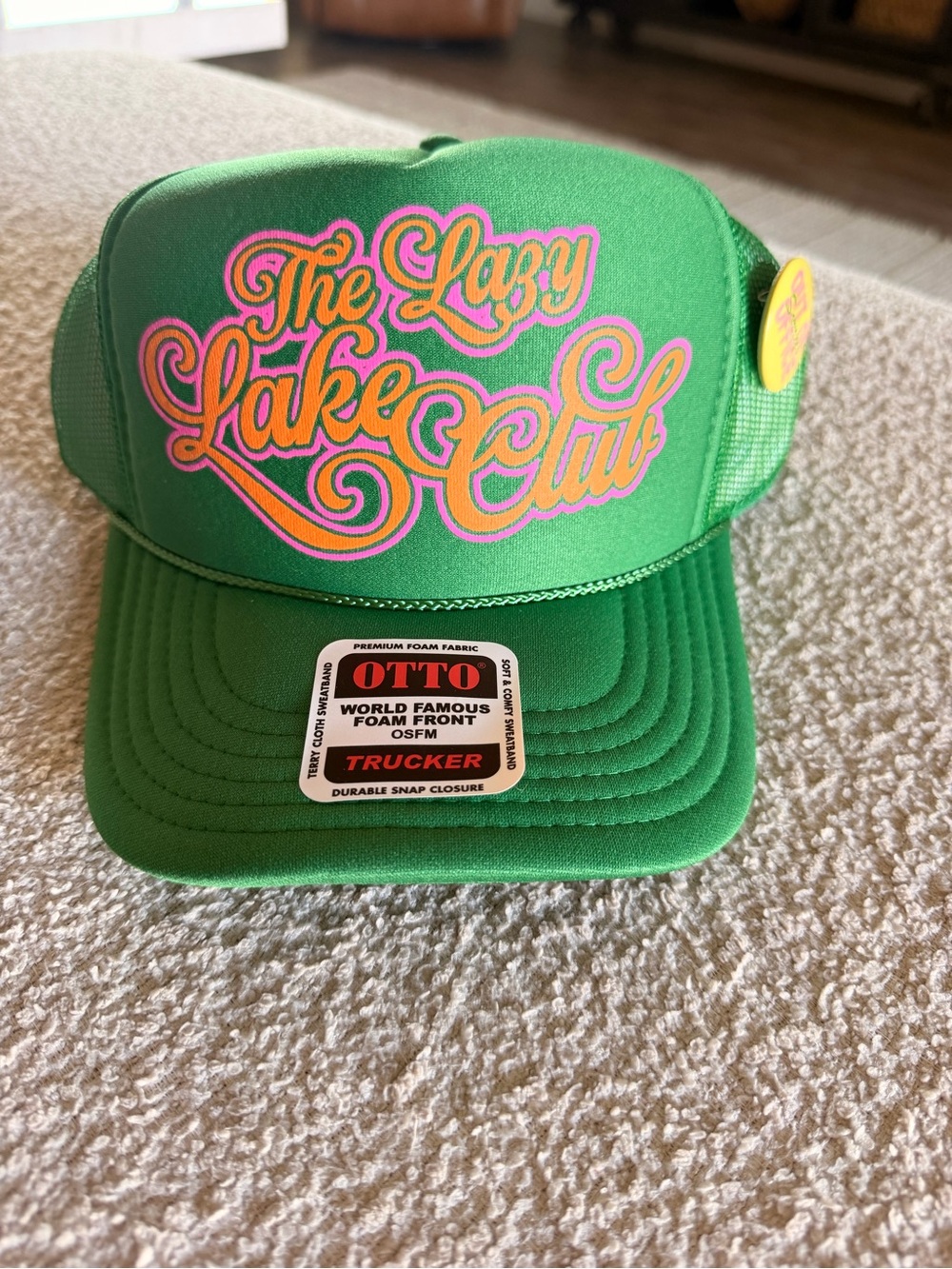 OTTO Green Trucker Hat with Pink and Orange Script - The Lazy Lake Club